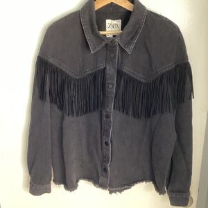 Zara Charcoal Fringe Denim Jacket L